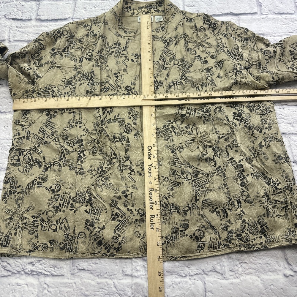Chicos Silk Linen Open Front Jacket Size 2 Large Beige Black Abstract Floral Art - Picture 7 of 10